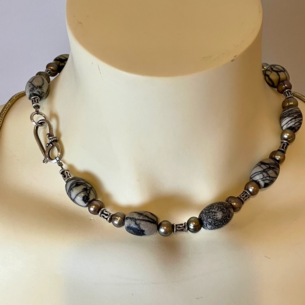 CUSTOM-design PEARL, STONE and STERLING choker NECKLACE 16.5” one of a kind